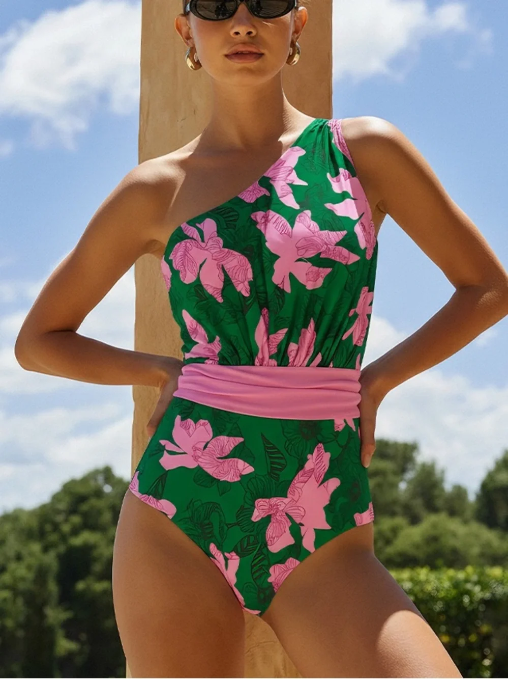 Green & Pink Floral One-Shoulder Swimsuit with Matching Skirt Size Medium
